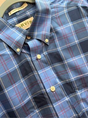 Orvis Light Blue and Navy Plaid Button-Down Shirt cotton